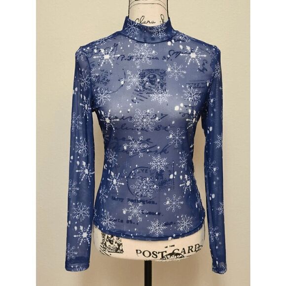 ❄️ Snowflake Print ️Long Sleeve Mock Neck Navy Blue Sheer Mesh Top SIZE L NEW - Picture 8 of 11
